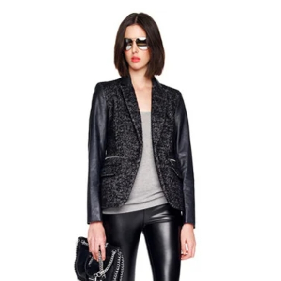 Michael Kors Tweed Wool And Faux Leather Blazer Size 2 - Picture 6 of 16